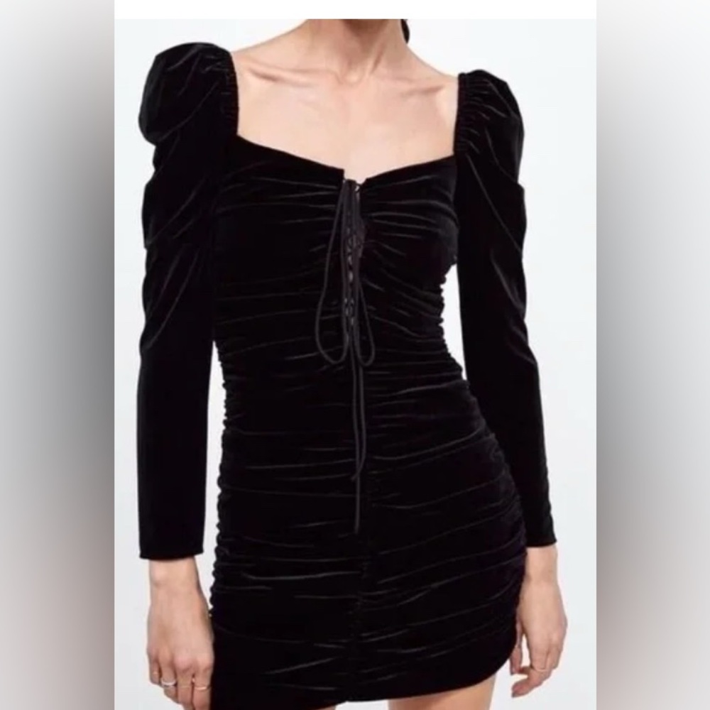 Zara Black Velvet Ruched Mini Dress Puff Sleeve Lace Up Size L